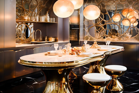 exquisite expensive kitchen made of marble, mother of pearl and gold with inlay in the Art Deco style. floral design and fine workmanshipの素材