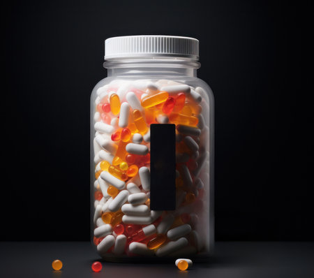 large transparent jar with pills on a black backgroundの素材