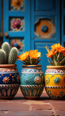 three clay pots painted with geometric colorful motifs, with blooming cacti in the patio of a Mexican house against a bright wall.の素材