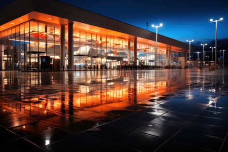 brightly lit shopping center on a night street. copy space.の素材