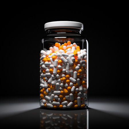 large transparent jar with pills on a black backgroundの素材