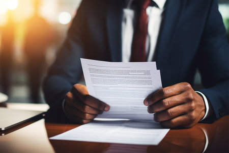 Hands of a man in a suit holding a resume or contract on a blurred background.の素材