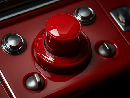 Close-up of a large red button as part of a control panel. piece of equipment .の素材