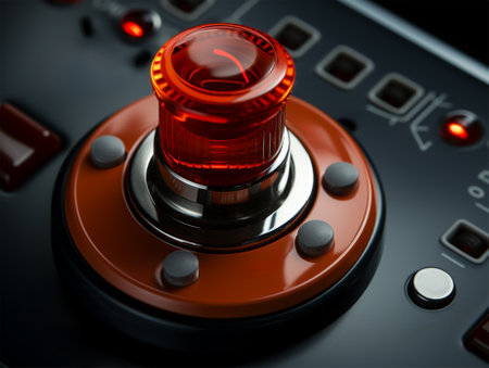 Close-up of a large red button as part of a control panel. piece of equipment .の素材