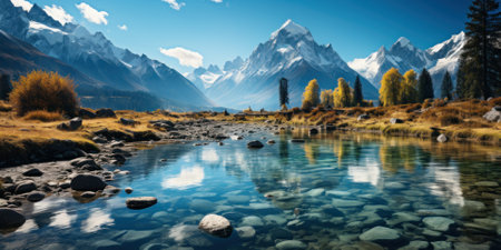 icy mountain river against the backdrop of snow-capped mountain peaks. travel and nature concept.の素材