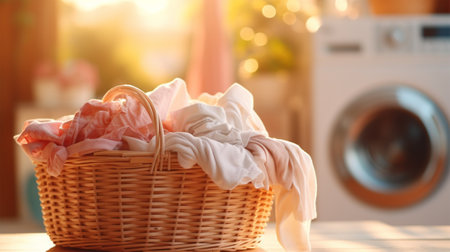Towels in a basket on a blurred background of a washing machine on a sunny day, green plant with copy space, laundry dayの素材