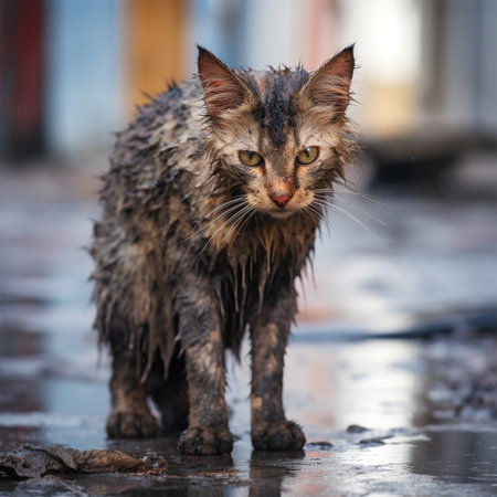 Wet homeless sad skinny cat on the street after the rain. The concept of protecting homeless animals.の素材