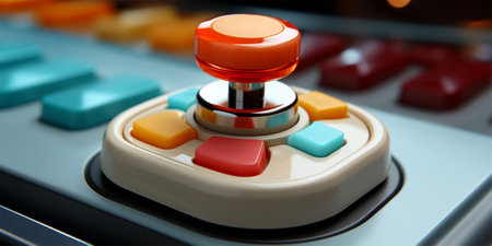 joystick with multi-colored buttons on the control panel close-up.の素材