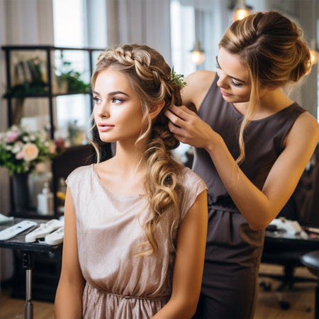 Hair stylist makes a beautiful brides hair before the wedding in a beauty salon .important dayの素材