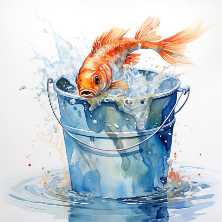 Fishing bucket in watercolor style. red fish and splash over the bucket. for logo, banner, card, flyer, textile, sticker, wallpaper, wrapping paper, scrapbooking.の素材