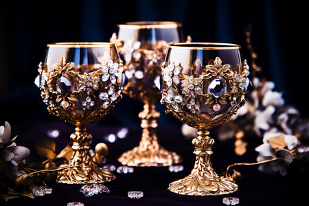 on the table are three gold-rimmed wine glasses, richly decorated with intricate designs and stones decorating their surfaces.luxury tableware for celebrationsの素材