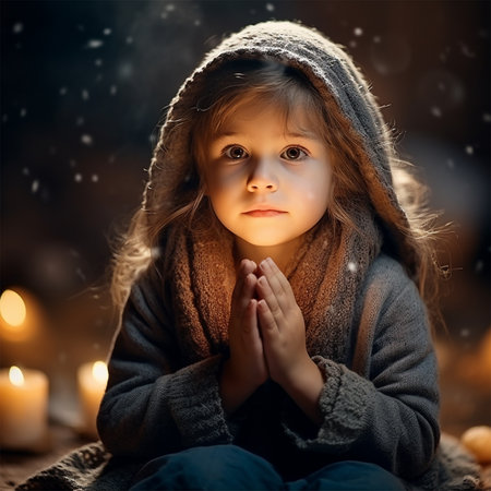 little girl praying to God, clasping her hands together and smilingの素材