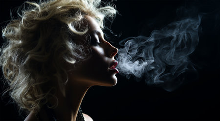 a young blonde woman exhales with pleasure Cigarette smoke on a dark background, the concept of health care and the harm of smoking. banner, free space for text.の素材