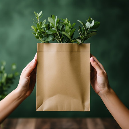 hands holding a brown craft grocery bag with green plants on green blurred background . eco-friendly packaging concept.package layout for lettering.copy spaceの素材