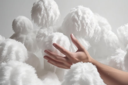 hand plays soft fluffy balls, surreal white plot.の素材