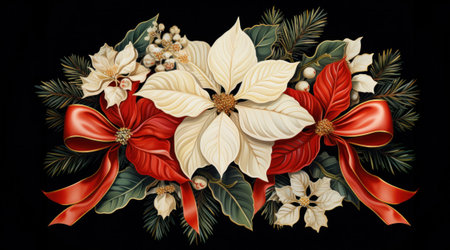 composition with red and white poinsettia, spruce and holly branches and red ribbon on black. Floral Christmas decoration.の素材