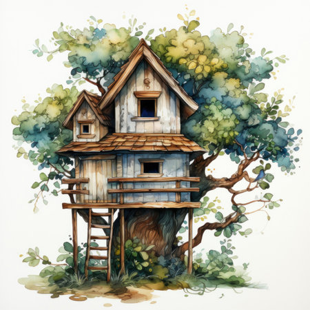treehouse in watercolor style on a white background.drawing for printing on fabric, postcard or book.の素材