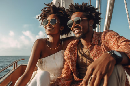 beautiful cheerful stylish young couple in sunglasses on a yacht. Beautiful black couple enjoying a cruise vacation on a sunny day. Young couple on a yacht or on a sea cruise.の素材