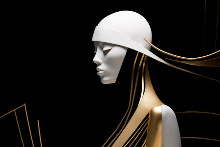 Abstract illustration of a gold, white and black bust of a female sculpture isolated on a black background.の素材