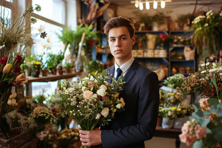 young man in a suit stands with a bouquet of flowers .Concept for Mothers Day, Valentines Day or International Womens Day or first date. Fresh spring flowers.の素材