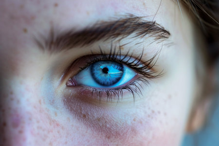 images of bright blue eyes of a girl with freckles looking at the camera.の素材