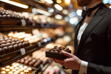 a thirty-year-old man in an expensive elegant black suit chooses a box of chocolates against the background of blurry shelves with sweetsの素材