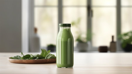 A bottle of fresh smoothie and fresh fruit on the table on a blurred background of a light kitchen. free space for text and bottle mockup for drink presentationの素材