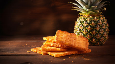 ripe pineapple with pineapple crackers on a wooden table on a dark background.copy spaceの素材