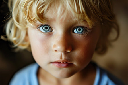 portrait of a boy with blond hair and huge bright blue eyes in a blue T-shirt, looking at the camera, copy space.の素材