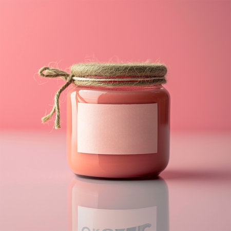 mockup of a glass jar for cosmetics on a pink background. presentation banner or product brochure, space for text.の素材