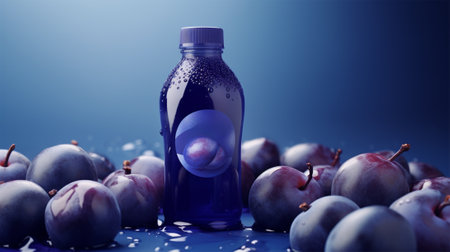bottle with plum juice or drink and ripe plums nearby.On a dark background. a bottle with space for text is suitable for the presentation of a plum drink productの素材