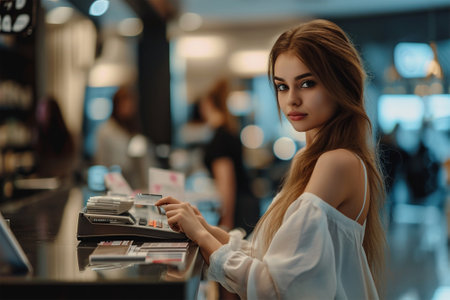 beautiful female customer stands at the cash register in a cosmetics store and pays for a purchase with a credit card through the terminalの素材