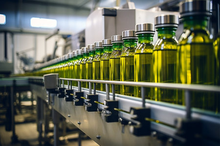 Automatic olive oil bottling conveyor line in a beverage production plant or factory, modern computerized industrial equipment. Plant for the production of vegetable oil.の素材