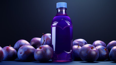bottle with plum juice or drink and ripe plums nearby.On a dark background. a bottle with space for text is suitable for the presentation of a plum drink productの素材