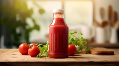 A bottle of tomato juice and fresh ripe tomatoes on the table against a blurred kitchen background. free space for text and bottle mockup for presentation of tomato juice or ketchupの素材