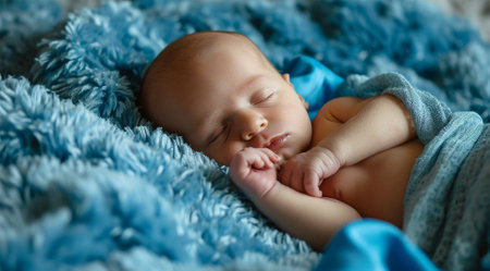 Beautiful little baby sleeping happily on a fur blanket. Close-up portrait of a child. Newborn baby lifestyle conceptの素材