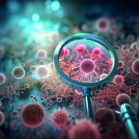 illustration of viruses under magnifying glass .の素材