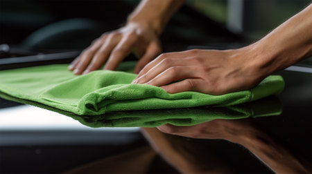 hand of a man cleaning a car with a green microfiber cloth, washing and polishing the surface of the carの素材