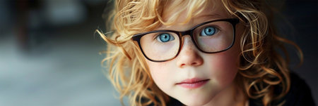 portrait of a six-year-old child with blond hair and bright blue eyes wearing glasses, looking at the camera, copy space.the concept of caring for childrens health and visionの素材