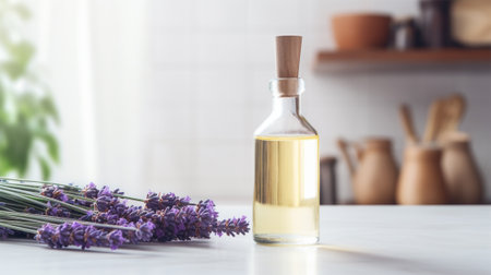 A bottle of essential oil and lavender flowers on the kitchen table on a light background, close-up. aromatherapy.の素材