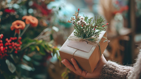 female hands holding a wrapped gift with a personal name tag on the background of a flower shop.の素材