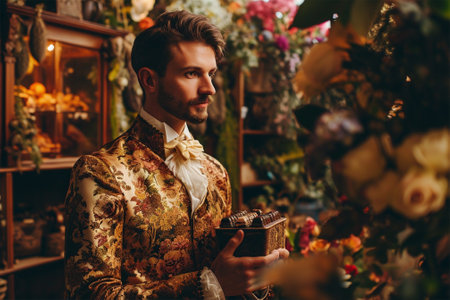 stylish bearded young man in an extravagant bright suit and bow tie holds a box of chocolates in a flower shop,の素材