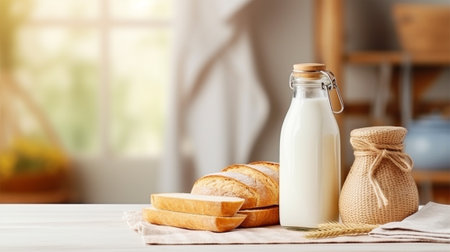 bottle of milk and Fresh homemade bread on a table in the kitchen with copy space.の素材