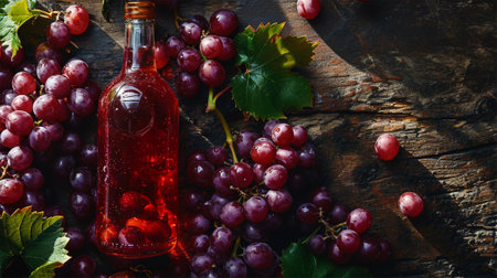 bottle of grape drink and grapes on a wooden table .の素材