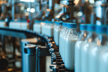 Milk bottles with blue caps on a factory conveyor line. Machine for bottling milk, industry equipment dairy plantの素材
