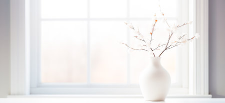 Abstract background. With a white vase with fluffy willow buds against the background of a white window. spring and easter conceptの素材