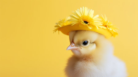 Cute yellow chicken in a wreath of flowers. Postcard.の素材