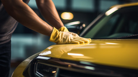 hand of a man in a yellow glove cleaning a car with a microfiber cloth, washing and polishing the surface of the carの素材