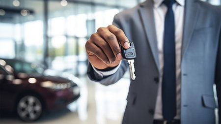 a man in a suit holds in front of him and shows a car key on a blurred background of a car dealership.copy spaceの素材
