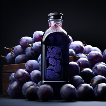 glass bottle with plum juice or drink and ripe plums nearby.On a dark background. a bottle with space for text is suitable for the presentation of a plum drink productの素材